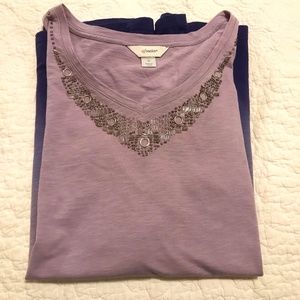 C&B ombré purple 3/4 sleeve v-neck shirt with unique silver beading (3X)